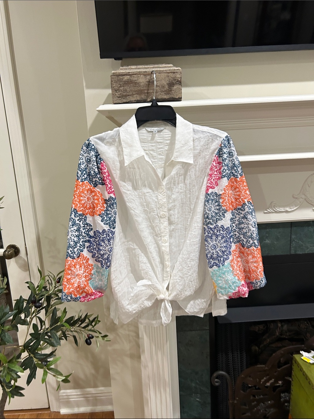 John Mark White Button-Front Tie Blouse with Multicolor Printed Sleeves